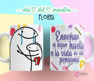 Flork llorando con lápiz, abrazado por Flork pequeño, fondo cuadriculado, y taza con "Enseñar es dejar huella en la vida de una persona" con útiles escolares.
