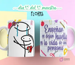 Flork femenina llorando con lazo y lápiz, abrazada por Flork pequeño, fondo cuadriculado, y taza con "Enseñar es dejar huella en la vida de una persona" con útiles escolares.