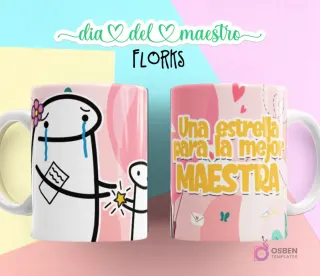 Flork llorando recibiendo una estrella de Flork pequeño, fondo rosa con corazones, y taza con "Una estrella para la mejor MAESTRA" y globos.
