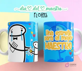 Flork llorando recibiendo una estrella de Flork pequeño, fondo azul con corazones, y taza con "Una estrella para el mejor MAESTRO" y globo terráqueo.
