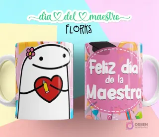 Flork femenina con flor en la cabeza, abrazando un corazón con lápiz, fondo rosa, y taza con "Feliz día de la Maestra" y birrete.