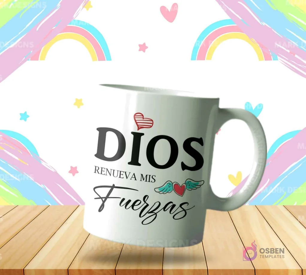 Taza sublimada con diseño cristiano 'Dios Renueva mis Fuerzas' y corazón alado