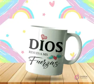 Taza sublimada con diseño cristiano 'Dios Renueva mis Fuerzas' y corazón alado