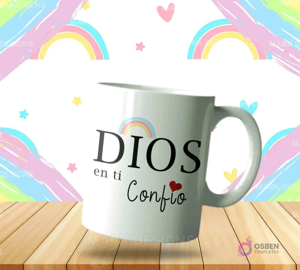 Taza sublimada con diseño cristiano 'Dios en ti Confío' y arcoíris