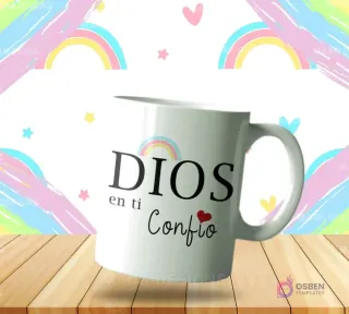 Taza sublimada con diseño cristiano 'Dios en ti Confío' y arcoíris