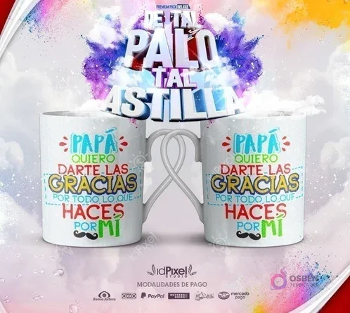 Par de tazas blancas sublimadas para el Día del Padre con frase 'Papá quiero darte las gracias' y 'Tal Palo Tal Astilla' al fondo, promocionando plantillas PNG para sublimación.