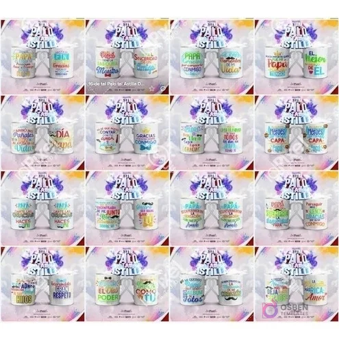 Colección de 16 diseños variados de tazas para sublimar del Día del Padre, mostrando frases como 'Papá Sinceridad', 'Papá Vida' y 'Tal Palo Tal Astilla' para emprendedores.