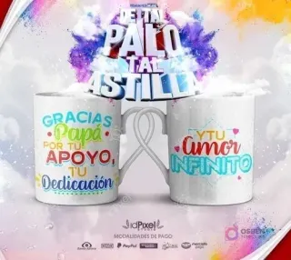 Dos tazas blancas con plantillas de sublimación 'Papi siempre seguiré tus pasos' y un diseño complementario, parte del pack de 50 diseños PNG para el Día del Padre.