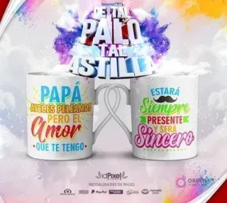 Tazas sublimadas con las frases 'Papá sé que siempre puedo contar contigo, con tu Amor' y 'Y tu Sabiduría', con un bigote y corbata, ideales para sublimación.