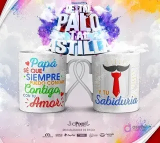 Diseños de tazas para sublimar con 'Papá gracias por dedicarme tus días' y 'Eres el mejor Papá del mundo', con corona y bigote, del pack 'Tal Palo Tal Astilla'.
