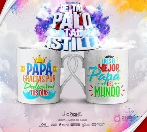 Primer plano de un par de tazas sublimadas con las frases 'Papá eres mi héroe' y 'El mejor papá del mundo', destacando la temática 'Tal Palo Tal Astilla' del paquete de plantillas PNG.