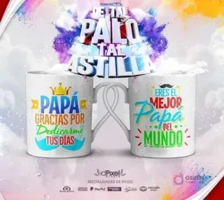 Primer plano de un par de tazas sublimadas con las frases 'Papá eres mi héroe' y 'El mejor papá del mundo', destacando la temática 'Tal Palo Tal Astilla' del paquete de plantillas PNG.