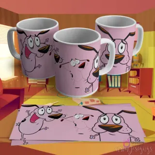 Plantilla para taza de sublimación con Coraje, el Perro Cobarde, en varias poses divertidas sobre un fondo rosa.