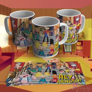 Diseño para taza de sublimación con los personajes principales de ¡Oye Arnold! en las escaleras, con un vibrante fondo de ciudad.