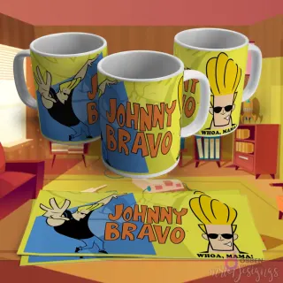 Plantilla para taza de sublimación con Johnny Bravo posando y la frase "WHOA, MAMA!" sobre un fondo amarillo y azul.