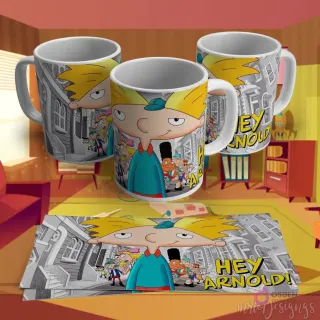 Diseño para taza de sublimación con Arnold de ¡Oye Arnold! en primer plano y otros personajes en un fondo urbano en escala de grises.