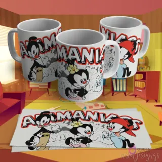 Plantilla para taza de sublimación de los Animaniacs, con Yakko, Wakko y Dot sobre un fondo blanco y gris minimalista.