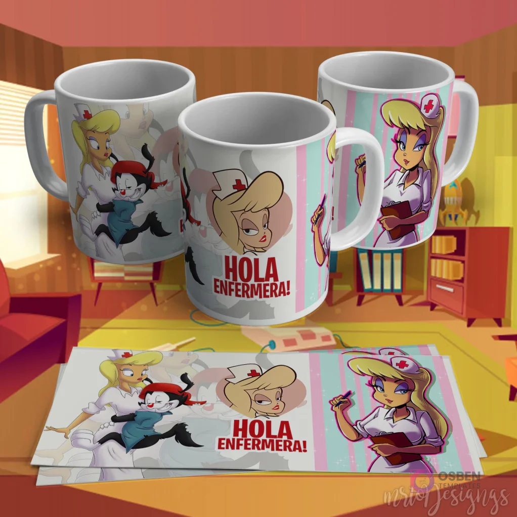 Diseño para taza de sublimación con una enfermera retro estilo Betty Boop y personajes de Animaniacs, con la frase "HOLA ENFERMERA!".