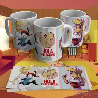 Diseño para taza de sublimación con una enfermera retro estilo Betty Boop y personajes de Animaniacs, con la frase "HOLA ENFERMERA!".