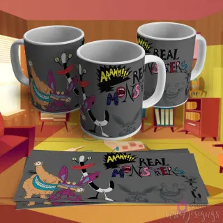 Plantilla para taza de sublimación de ¡Aaahh!!! Monstruos de Verdad, mostrando a Ickis, Oblina y Krumm con el logo de la serie.