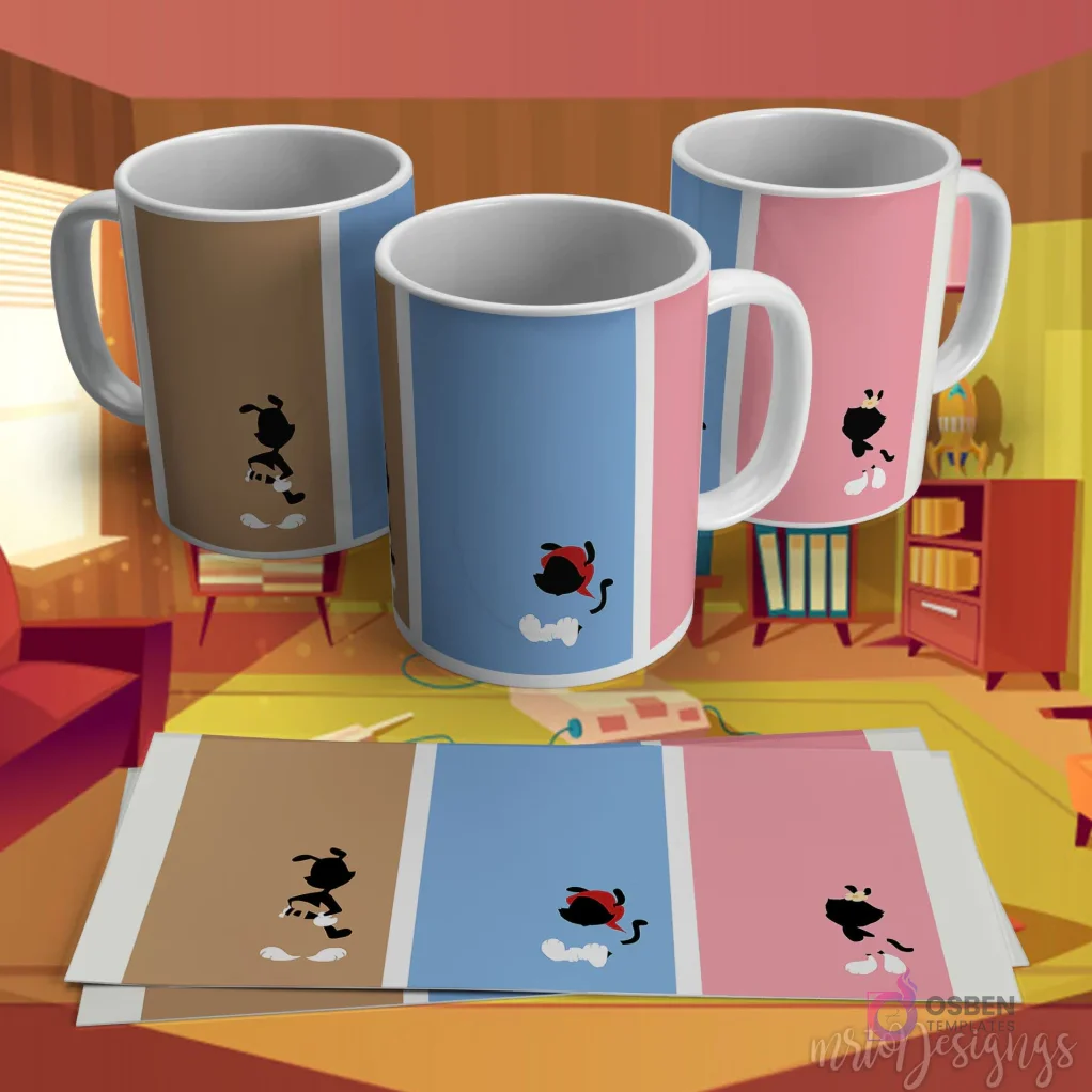 Diseño para taza de sublimación con una silueta de personaje animado retro (similar a Felix el Gato) sobre un fondo de franjas pastel.