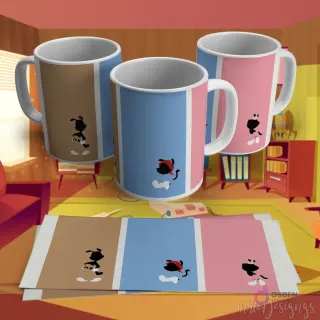 Diseño para taza de sublimación con una silueta de personaje animado retro (similar a Felix el Gato) sobre un fondo de franjas pastel.