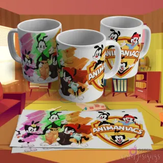 Plantilla para taza de sublimación de los Animaniacs, con Yakko, Wakko y Dot, y el logo de la serie sobre un fondo abstracto y colorido.