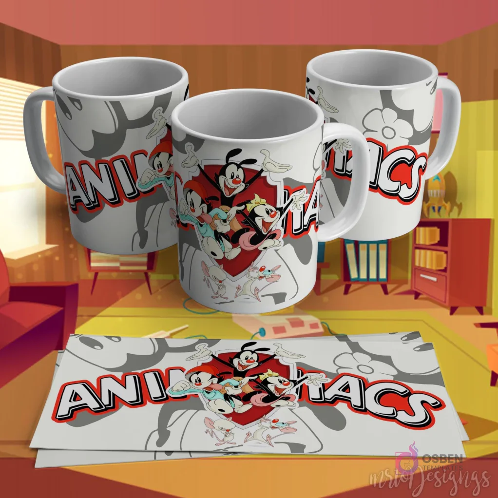 Diseño para taza de sublimación de los Animaniacs, con Yakko, Wakko, Dot, Pinky y Cerebro sobre un fondo blanco con un corazón rojo.