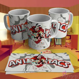 Diseño para taza de sublimación de los Animaniacs, con Yakko, Wakko, Dot, Pinky y Cerebro sobre un fondo blanco con un corazón rojo.