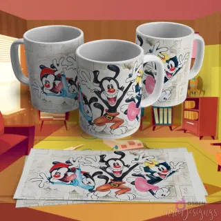 Plantilla para taza de sublimación de los Animaniacs, con Yakko, Wakko y Dot saliendo de paneles de cómic sobre un fondo de viñetas.