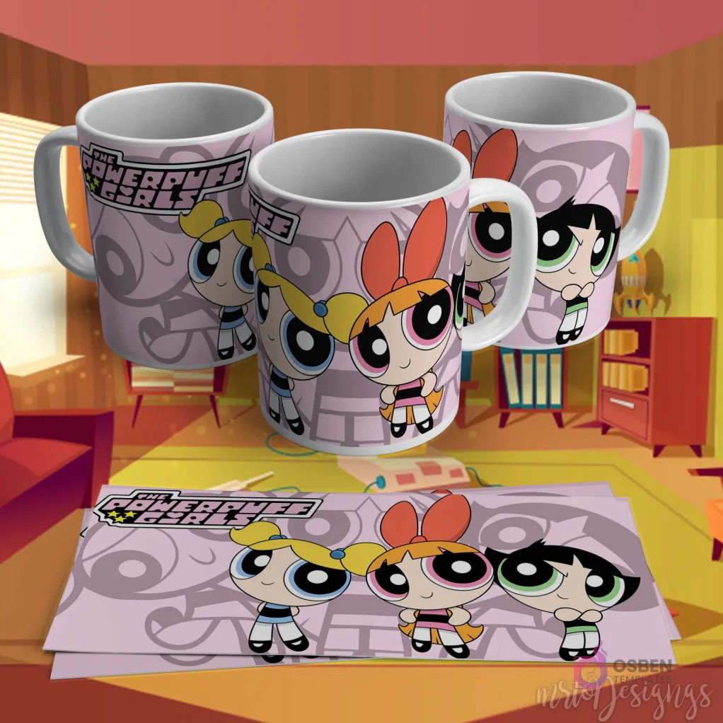 Diseño para taza de sublimación de Las Chicas Superpoderosas, con Bombón, Burbuja y Bellota y el logo sobre un fondo rosa.