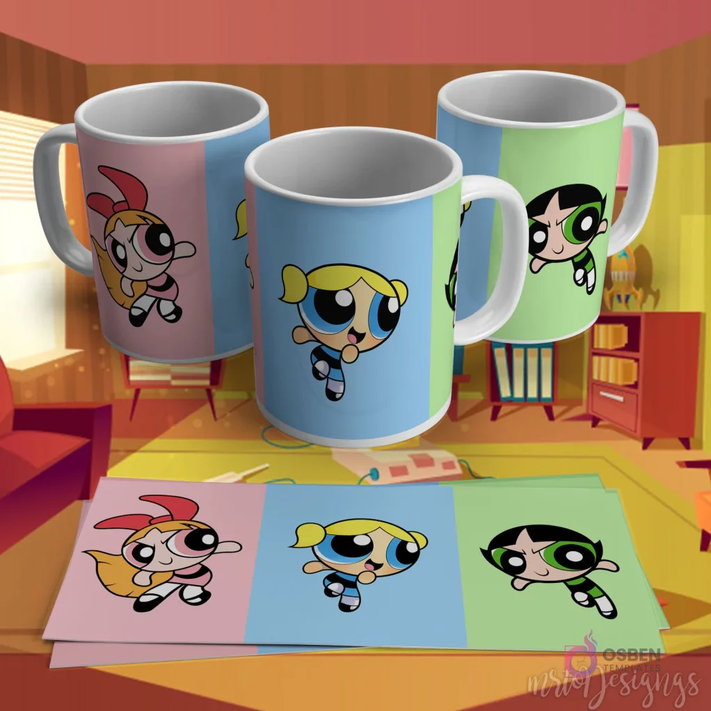 Plantilla para taza de sublimación de Las Chicas Superpoderosas, con cada chica en un panel de color pastel diferente.