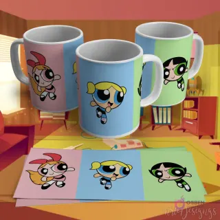 Plantilla para taza de sublimación de Las Chicas Superpoderosas, con cada chica en un panel de color pastel diferente.