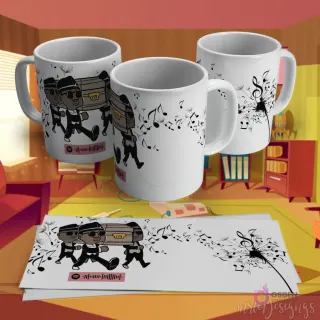Diseño para taza de sublimación del meme del ataúd bailarín (Coffin Dance) con notas musicales y código de Spotify, sobre fondo blanco.