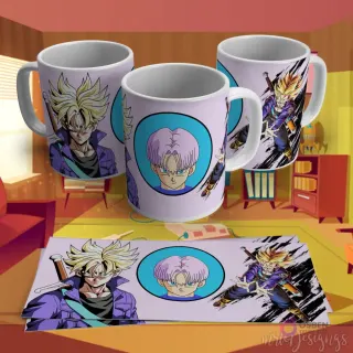 Plantilla para taza de sublimación de Trunks de Dragon Ball Z, mostrando su forma Super Saiyajin y normal sobre un fondo púrpura.