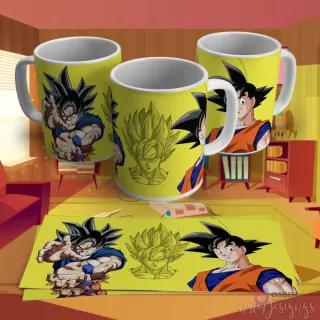 Diseño para taza de sublimación de Goku de Dragon Ball Z, con sus formas Ultra Instinto y Super Saiyajin en un fondo amarillo.