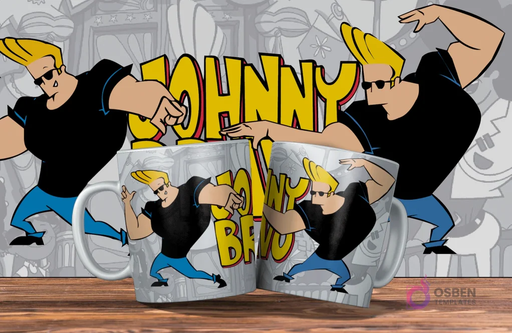 Dos tazas blancas con diseño de Johnny Bravo con gafas de sol, brazos cruzados y el nombre Johnny Bravo en amarillo. Fondo de siluetas grises de Johnny Bravo.