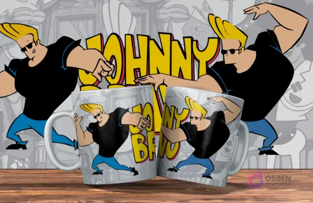 Dos tazas blancas con diseño de Johnny Bravo con gafas de sol, brazos cruzados y el nombre Johnny Bravo en amarillo. Fondo de siluetas grises de Johnny Bravo.