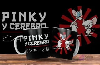 Dos tazas negras con diseño de Pinky y Cerebro. Una taza con 'Pinky y Cerebro' en español y japonés, la otra con los personajes delante de un sol naciente rojo. Fondo negro.