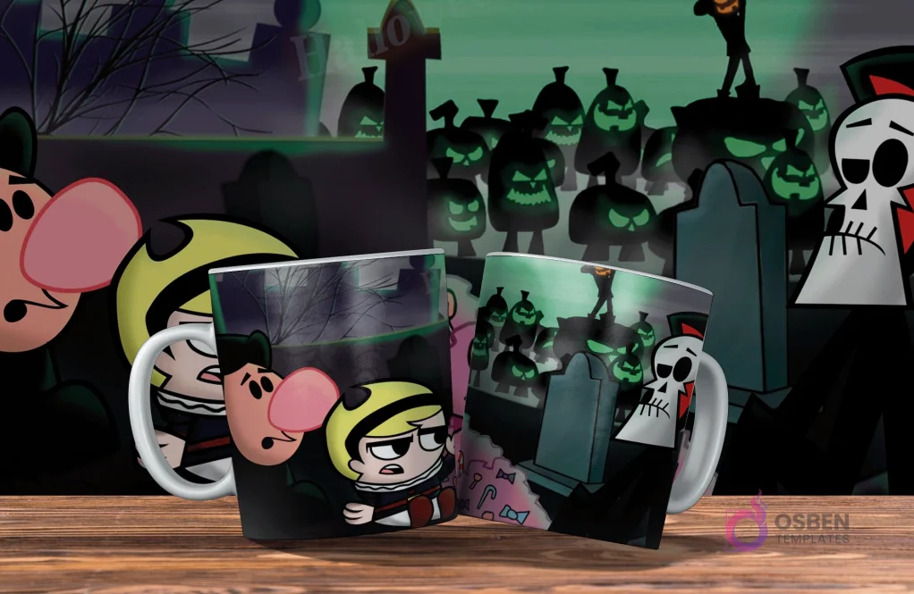 Dos tazas blancas con diseño de Las Siniestras Aventuras de Billy y Mandy. Una con Mandy y Puro Hueso, la otra con un cementerio y calabazas. Fondo oscuro y sombrío.
