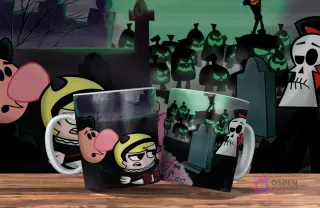 Dos tazas blancas con diseño de Las Siniestras Aventuras de Billy y Mandy. Una con Mandy y Puro Hueso, la otra con un cementerio y calabazas. Fondo oscuro y sombrío.