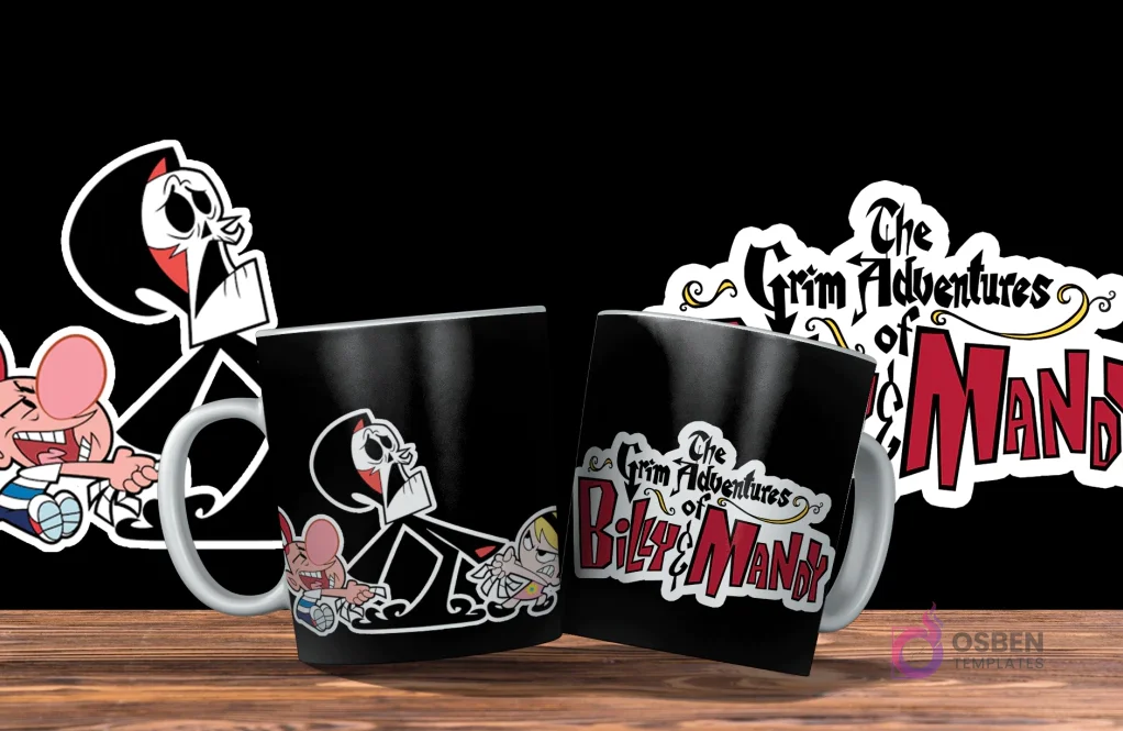 Dos tazas negras con diseño de Las Siniestras Aventuras de Billy y Mandy. Una con Puro Hueso y Billy, la otra con el logo de la serie. Fondo negro.