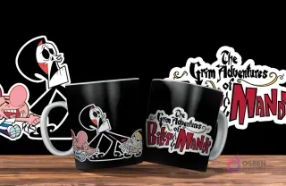 Dos tazas negras con diseño de Las Siniestras Aventuras de Billy y Mandy. Una con Puro Hueso y Billy, la otra con el logo de la serie. Fondo negro.