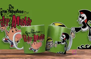 Dos tazas verdes con diseño de Las Siniestras Aventuras de Billy y Mandy. Una con Billy, la otra con Puro Hueso ofreciéndole galletas a Mandy. Fondo verde.