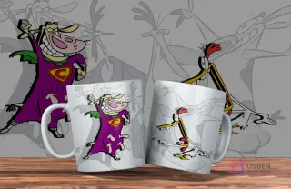 Dos tazas blancas con diseño de Vaca y Pollito. Una con Supervaca y la otra con Pollito. Fondo con siluetas grises de los personajes.