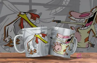 Dos tazas blancas con diseño de Vaca y Pollito. Una con Pollito, la otra con Vaca riendo y señalando a Pollito. Fondo con siluetas grises.