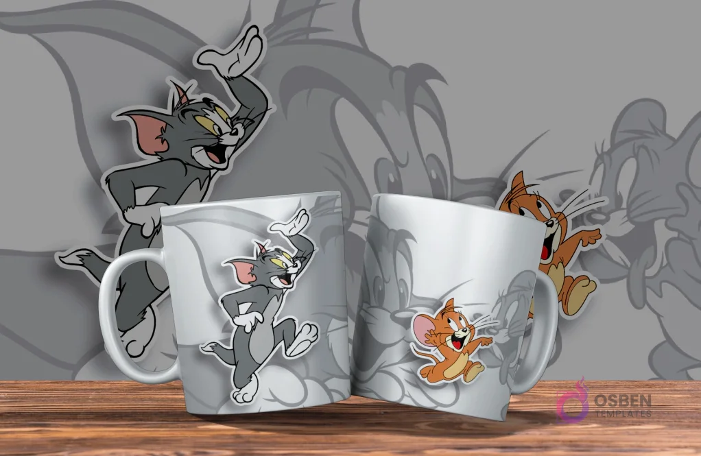 Dos tazas blancas con diseño de Tom y Jerry. Una con Tom furioso, la otra con Jerry corriendo. Fondo con siluetas grises de los personajes.