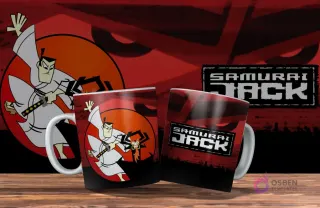 Dos tazas blancas con diseño de Samurai Jack. Una con Jack empuñando su espada frente a un sol rojo, la otra con el logo de 'Samurai Jack'. Fondo rojo.