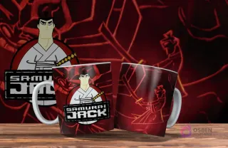 Dos tazas blancas con diseño de Samurai Jack. Una con Jack de pie y el logo, la otra con un Jack estilizado. Fondo rojo oscuro.