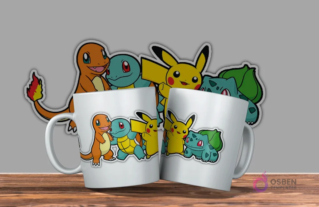 Dos tazas blancas con diseño de Pokémon. Una con Charmander y Squirtle, la otra con Pikachu y Bulbasaur. Fondo gris con siluetas de Pokémon.
